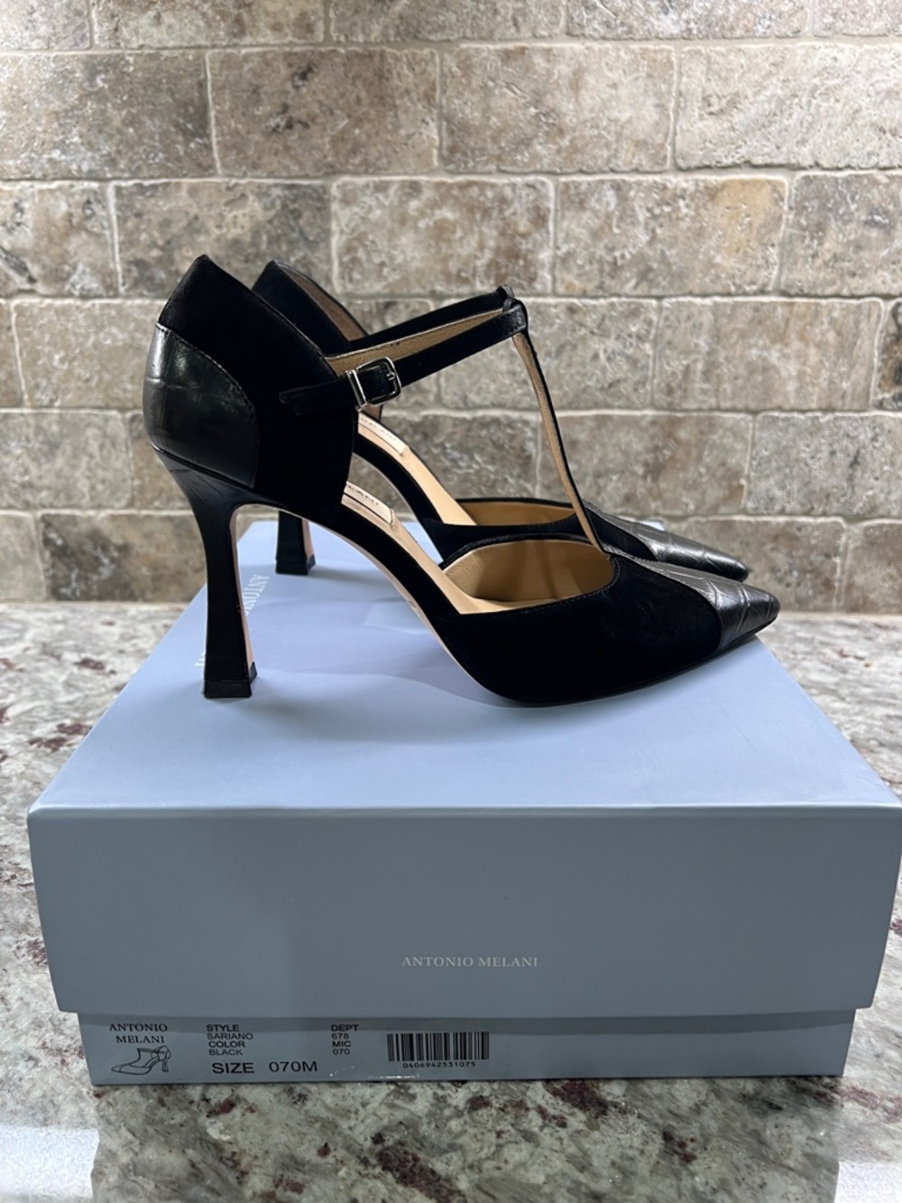 ANTONIO MELANI Black T-Strap Pointed Toe Pumps